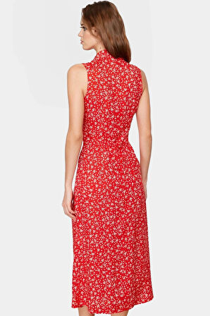 Kolsuz Midi Boy Gömlek Elbise Dokuma Viskoz Kumaş Rahat Yazlık Çiçekli Yüksek Kalite