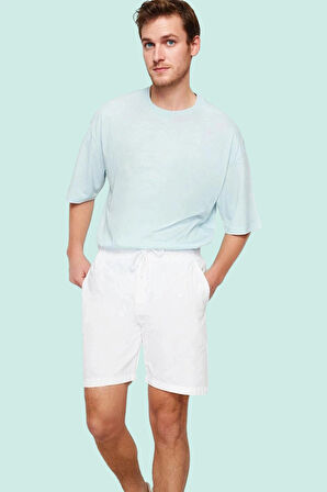 Erkek Bağcıklı Şort Pamuk Keten Görünümlü Dokuma Kumaş Rahat Günlük Spor Şık Modern Tasarım