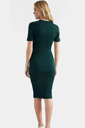 Rahat ve Şık Midi Elbise Polyester Pamuk Karışımı Bisiklet Yaka Seçkin Malzeme