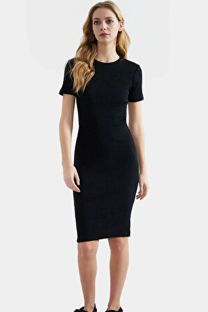 Rahat ve Şık Midi Elbise Polyester Pamuk Karışımı Bisiklet Yaka Seçkin Malzeme