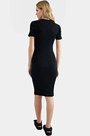 Rahat ve Şık Midi Elbise Polyester Pamuk Karışımı Bisiklet Yaka Seçkin Malzeme