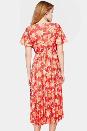 Astarlı Piliseli Midi Elbise Çiçek Desenli Skater Günlük Özenle Seçilmiş