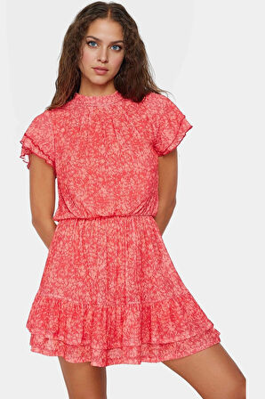 Yazlık Kısa Mini Elbise Çiçek Desenli Dik Yaka Astarlı Polyester Kumaş Kaliteli İşçilik