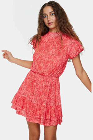 Yazlık Kısa Mini Elbise Çiçek Desenli Dik Yaka Astarlı Polyester Kumaş Kaliteli İşçilik