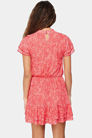 Yazlık Kısa Mini Elbise Çiçek Desenli Dik Yaka Astarlı Polyester Kumaş Kaliteli İşçilik