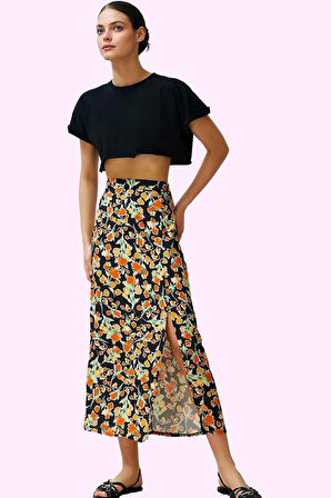 Kadın Yazlık Çiçek Desenli Midi Etek A line Kalıp Yırtmaçlı Viskoz Kumaş Günlük Stil Hafta Sonu