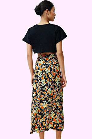 Kadın Yazlık Çiçek Desenli Midi Etek A line Kalıp Yırtmaçlı Viskoz Kumaş Günlük Stil Hafta Sonu