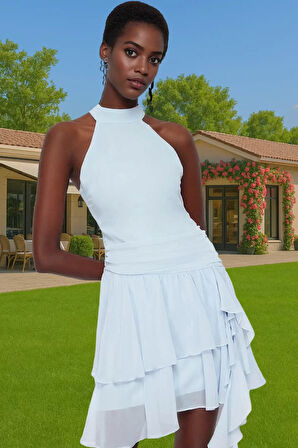 Polyester Şifon A Kesim Fırfırlı Mini Elbise Seçkin Malzeme Zarifane Tasarım Zarifane Tasarım