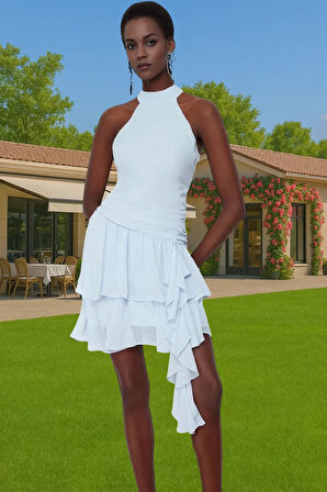 Polyester Şifon A Kesim Fırfırlı Mini Elbise Seçkin Malzeme Zarifane Tasarım Zarifane Tasarım