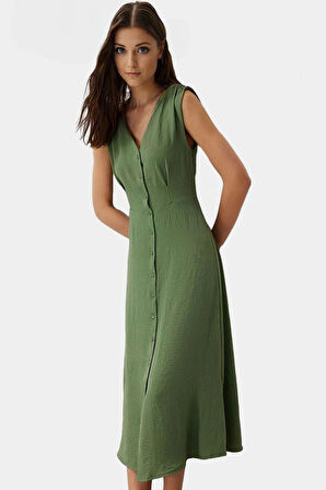 Maxi Boy Gömlek Elbise V Yaka Düğmeli Aerobin Kumaş Premium Kalite Özenle Seçilmiş