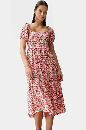 Nefes Alan Viskoz Kumaştan Desenli Midi Elbise Konforlu Kesim Premium Kalite Özel Tasarım