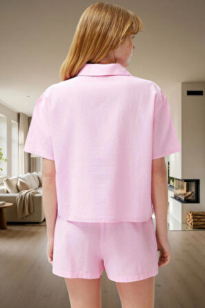 Dokuma Pamuklu Pijama Takımı Regular Kalıp Fırfırlı Detaylar Yazlık Kaliteli İşçilik