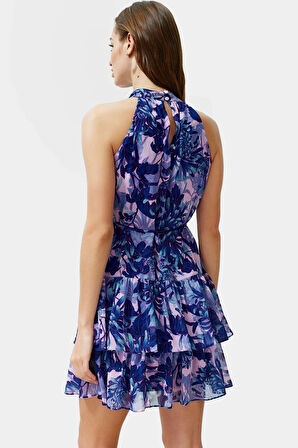 Rahat Mini Elbise Halter Yaka Belden Açılan Etek Dokuma Kumaş Günlük Şık Kaliteli İşçilik