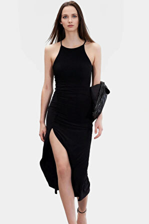 Örme Maxi Elbise Halter Yaka Bodycon Kalıp 130cm Boy Yırtmaçlı Yüksek Kalite