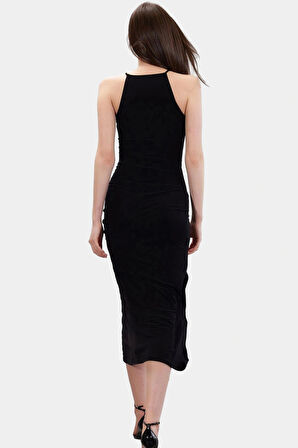 Örme Maxi Elbise Halter Yaka Bodycon Kalıp 130cm Boy Yırtmaçlı Yüksek Kalite