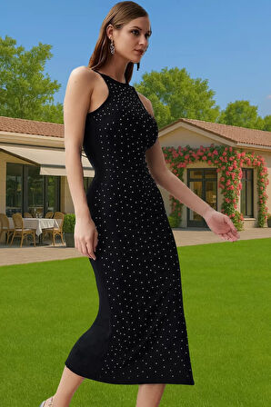 Elastanlı Dokuma Abiye Elbise Halter Yaka Midi Boy Şık Tasarım Profesyonel Görünüm Zarifane Tasarım