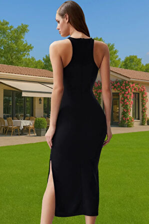 Elastanlı Dokuma Abiye Elbise Halter Yaka Midi Boy Şık Tasarım Profesyonel Görünüm Zarifane Tasarım