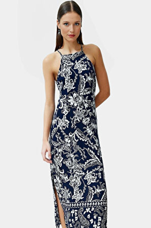 Yazlık A Kesim Maxi Elbise %Viskon Çiçek Desenli Halter Yaka Rahat Kullanım Özel Tasarım