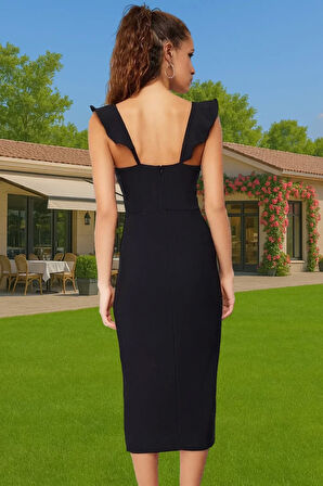 Vücut Hatlarını Vurgulayan Fırfırlı Midi Boy Dokuma Elbise Konforlu Kesim Modern Stil Premium Kalite