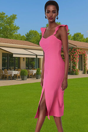 Vücut Hatlarını Vurgulayan Fırfırlı Midi Boy Dokuma Elbise Konforlu Kesim Modern Stil Premium Kalite