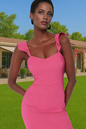 Vücut Hatlarını Vurgulayan Fırfırlı Midi Boy Dokuma Elbise Konforlu Kesim Modern Stil Premium Kalite