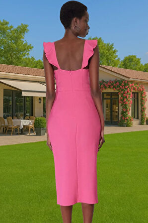 Vücut Hatlarını Vurgulayan Fırfırlı Midi Boy Dokuma Elbise Konforlu Kesim Modern Stil Premium Kalite