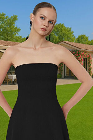 Midi Boy A Kesim Straplez Abiye Elbise Polyester Elastan Dokuma Kumaş Modern Stil Zarifane Tasarım