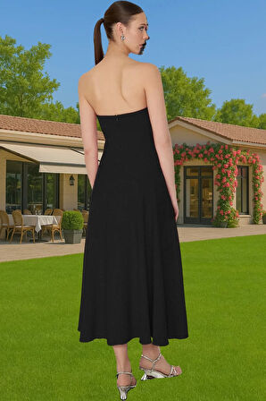 Midi Boy A Kesim Straplez Abiye Elbise Polyester Elastan Dokuma Kumaş Modern Stil Zarifane Tasarım