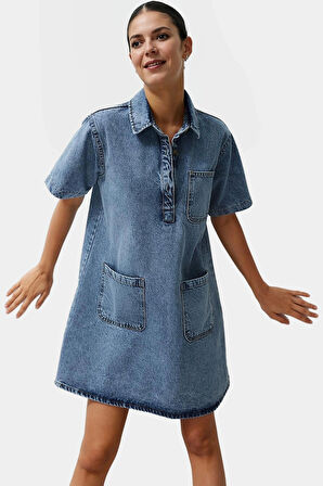 Pamuk Denim Gömlek Elbise Mini Boy Günlük Stil Rahat Kesim Trend Tasarım Konforlu