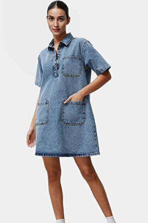 Pamuk Denim Gömlek Elbise Mini Boy Günlük Stil Rahat Kesim Trend Tasarım Konforlu