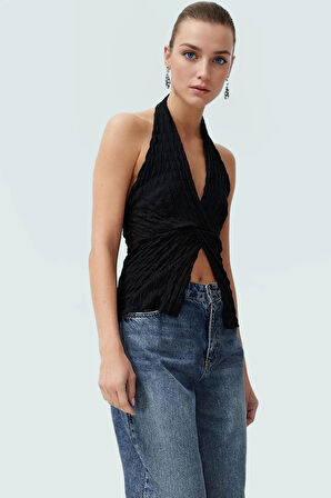 Asimetrik Boyundan Bağlamalı Bluz Örme Kumaş Fitted Kalıp Yazlık Konforlu Kesim