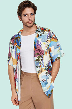 Erkek Basic Salaş Viskoz Gömlek Çok Baskılı Günlük Kullanım İçin Yaz Aylarının Vazgeçilmezi