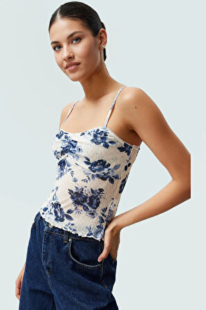 Çiçekli Crop Bluz Polyester Örme Kumaş Kalp Yaka İnce Askılı Yazlık Zarifane Tasarım