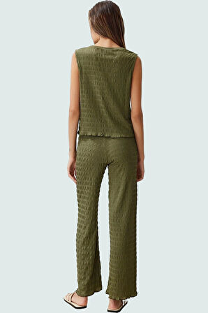 Yazlık Bluz Pantolon Takımı Nefes Alan Örme Kumaş Boru Paça Bisiklet Yaka Rahat Ve Şık