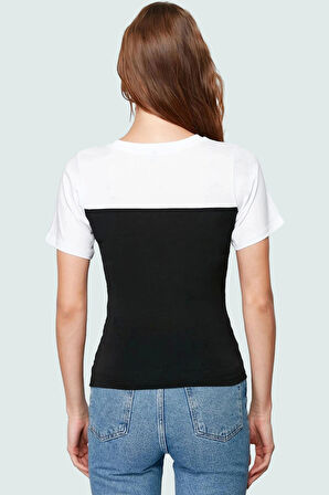 Renk Bloklu Bisiklet Yaka Kısa Kollu Fitted Pamuk Bluz Sandy Dokuma Casual Özenle Seçilmiş