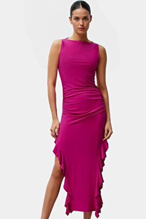 Yazlık Fırfır Detaylı Maxi Elbise Nefes Alan Örme Kumaş Kayık Yaka Mükemmel Uyum