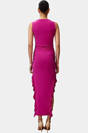 Yazlık Fırfır Detaylı Maxi Elbise Nefes Alan Örme Kumaş Kayık Yaka Mükemmel Uyum