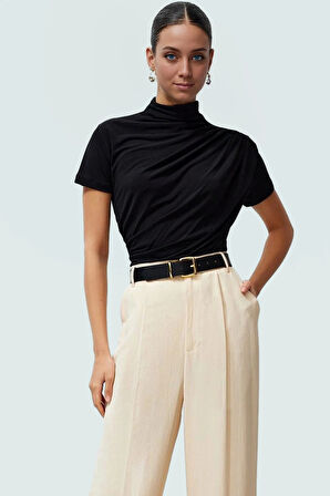 Polyester Elastan Örme Bluz Dik Yaka Fitted Kısa Kollu Yazlık Yüksek Kalite Rahat Kullanım