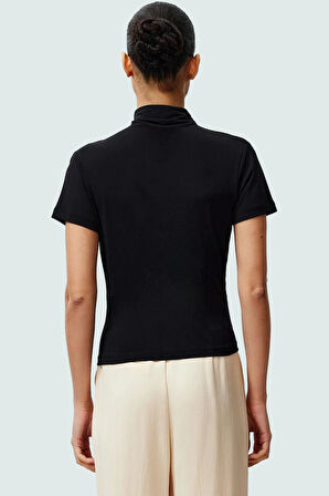 Polyester Elastan Örme Bluz Dik Yaka Fitted Kısa Kollu Yazlık Yüksek Kalite Rahat Kullanım