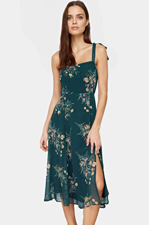 A line Gipeli Şifon Midi Elbise Dokuma Kumaş Kare Yaka Şık Görünüm Kaliteli İşçilik