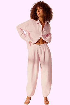 Kadın Keten Boyfriend Pantolon Yüksek Bel Geniş Paça Dokuma Kumaş Günlük Stil Modern Tasarım