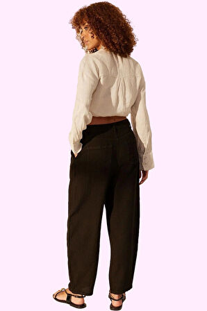 Kadın Keten Boyfriend Pantolon Yüksek Bel Geniş Paça Dokuma Kumaş Günlük Stil Modern Tasarım