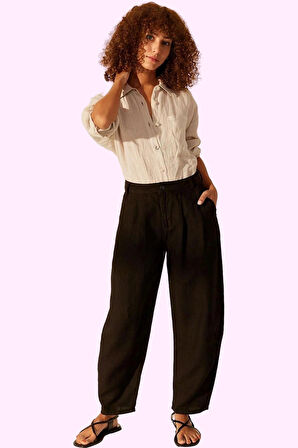 Kadın Keten Boyfriend Pantolon Yüksek Bel Geniş Paça Dokuma Kumaş Günlük Stil Modern Tasarım