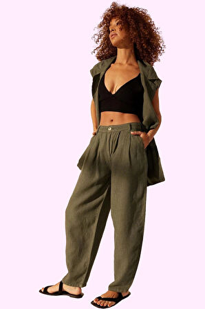 Kadın Keten Boyfriend Pantolon Yüksek Bel Geniş Paça Dokuma Kumaş Günlük Stil Modern Tasarım