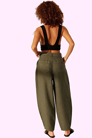 Kadın Keten Boyfriend Pantolon Yüksek Bel Geniş Paça Dokuma Kumaş Günlük Stil Modern Tasarım