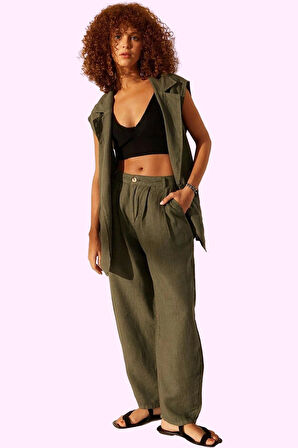 Kadın Keten Boyfriend Pantolon Yüksek Bel Geniş Paça Dokuma Kumaş Günlük Stil Modern Tasarım