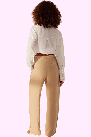 Kadın Keten Pantolon; Renk Yüksek Bel Wide Leg Dokuma Kumaş Günlük Stil Yaz Aylarının Vazgeçilmezi