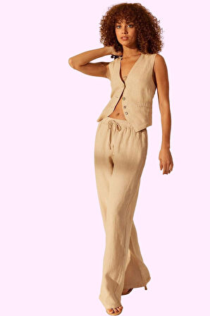 Kadın Yazlık Keten Wide Leg Pantolon Yüksek Bel Düz Desen Günlük Stil Yaz Aylarının Vazgeçilmezi