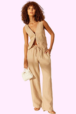 Kadın Yazlık Keten Wide Leg Pantolon Yüksek Bel Düz Desen Günlük Stil Yaz Aylarının Vazgeçilmezi