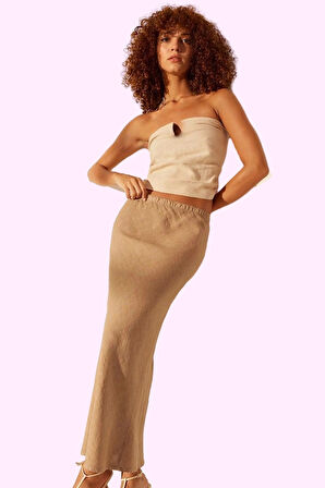 Kadın Basic Yüksek Bel Midi Keten Etek Dokuma Kumaş Yaz Günlük Kullanım Stilin Buluştuğu Yer